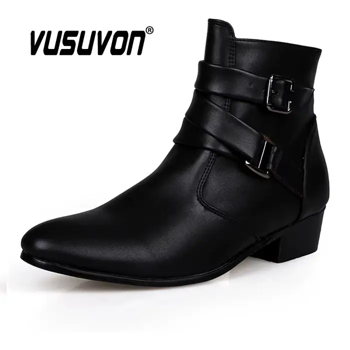 VUSUVON mode hommes printemps automne bout pointu hauteur augmenter Chelsea bottines Western haut chaussures décontractées en cuir PU
