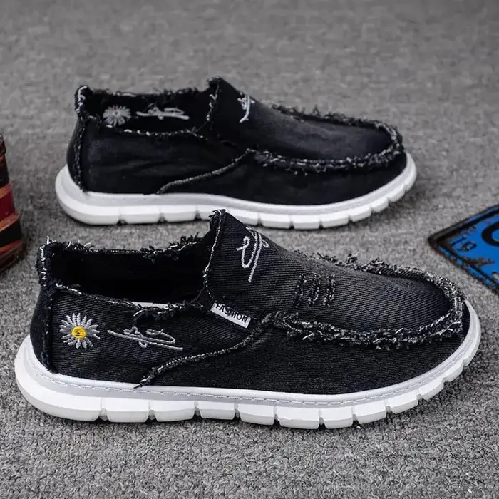 Mocassins bas décontractés unisexes, Denim délavé avec broderie de marguerite, chaussures en toile d