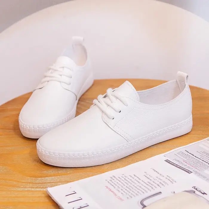 Femmes baskets blanches couleur unie Style de base tout Match dame chaussures talon plat en cuir souple à lacets bonne qualité filles chaussure noir