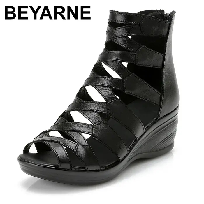 BEYARNE été mode sandales en cuir véritable semelle souple confortable bout ouvert compensées mère chaussures