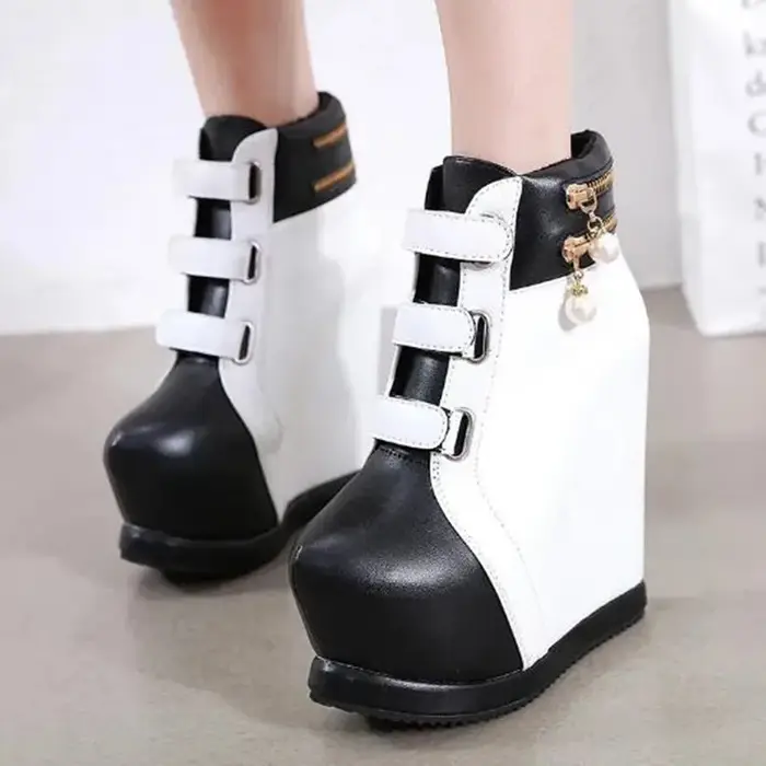 Marque chaussures à semelles compensées femmes bottines Zapatillas Mujer fond épais perle Sexy haute pente chaussure d'hiver dames plate-forme talons hauts