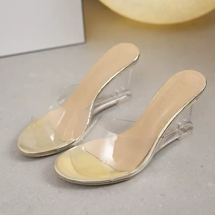 2025chaussures pour femmes été nouvelle mode sans lacet talons hauts cristal coin femme Peep Toe pantoufles décontractées