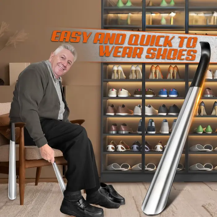Chausse-pied en acier inoxydable à long manche ergonomique |   16,5 pouces/42 cm |   Chausse-pied en métal facile à saisir pour les personnes âgées