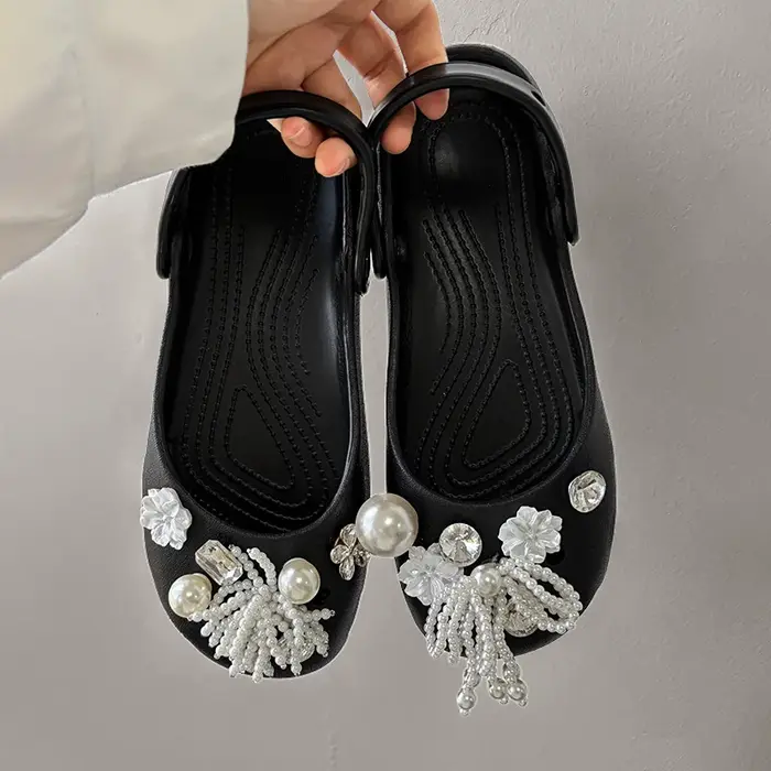 Élégantes Chaussures Plates à Nœud Papillon en Perles et Strass pour Femmes, Sabots de Ballet à Seme