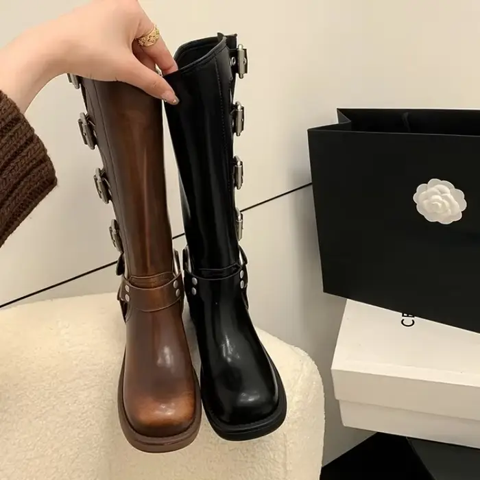 Plate-forme bottes de Combat fermeture éclair talon épais boucle Vintage mode décontracté luxe concepteur Western
