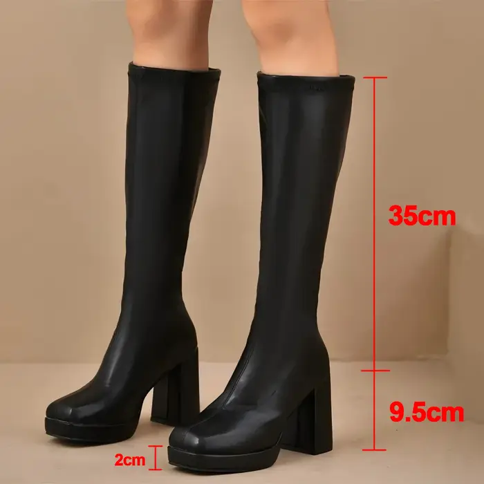 Plate-forme épaisse bottes en cuir Pu noir femme 2025 genou haute grande taille 42 talons hauts