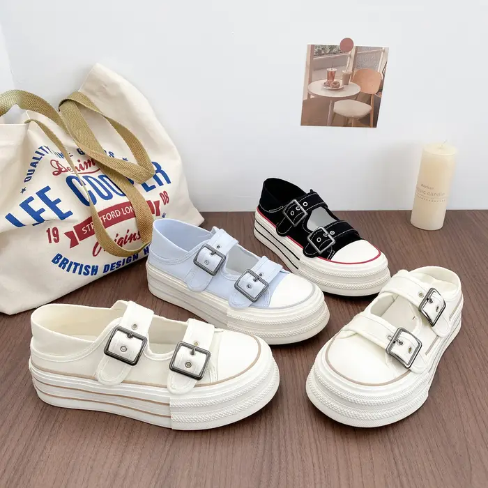 Nouvelles Chaussures Montantes en Toile Mary Jane pour Femme 2026 avec Bride à Boucle – Baskets Vulcanisées