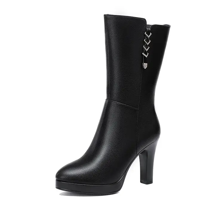 Bottes de moto mi-mollet en cuir peluche pour femmes, chaussures à plateforme, talons hauts, confort