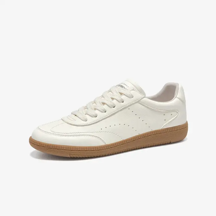 BEAUTODAY baskets blanches femmes cuir de vache à lacets bout rond couture dames chaussures d'entraî