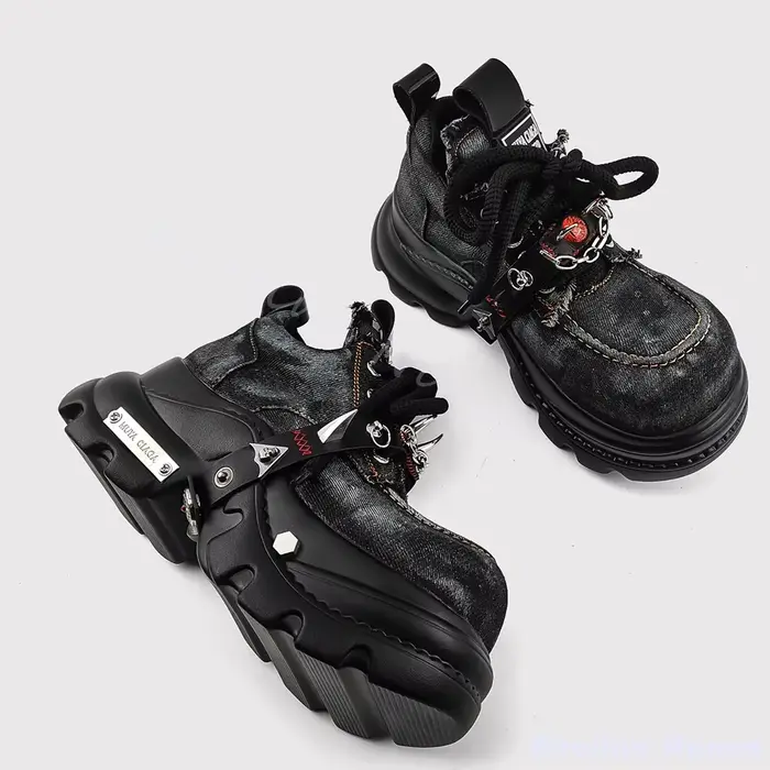 Evil Eye Punk Denim chaussures femmes décoration en métal bout rond plate-forme croix liée chaussure