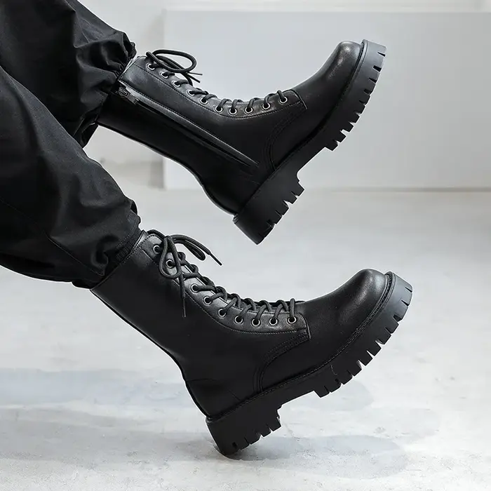 Homme En Cuir Véritable Bottes De Moto Mode Fête Robe de Nuit Noir Chaussures montantes Bottes de Co