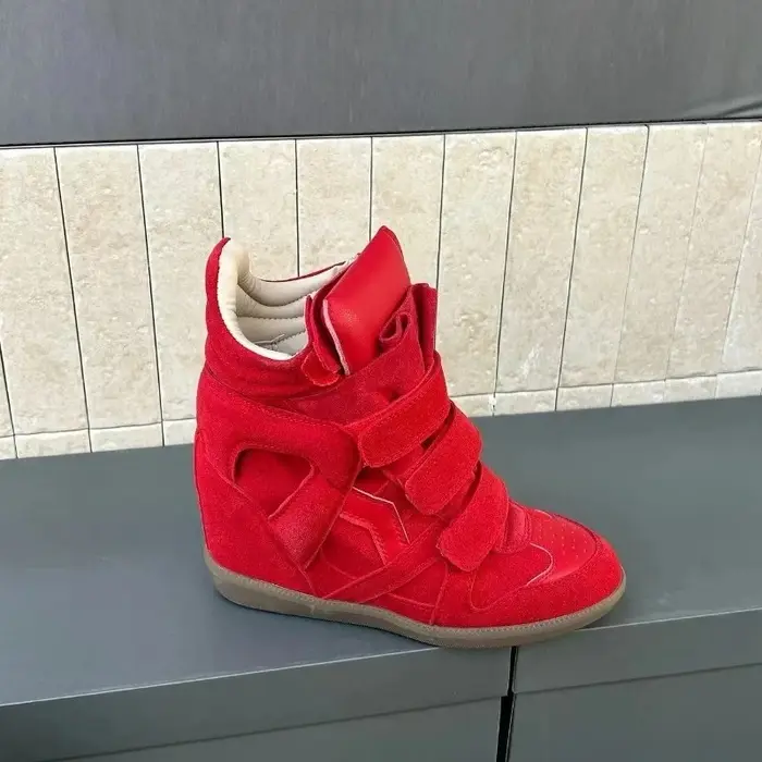 Baskets compensées tendance en cuir véritable pour femme, à semelle épaisse, style bottines, avec re
