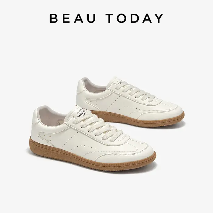 BEAUTODAY baskets blanches femmes cuir de vache à lacets bout rond couture dames chaussures d'entraînement à la main 29932