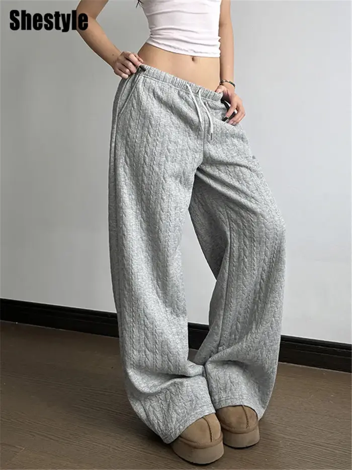 Shestyle gris pantalons de survêtement automne pour les femmes Streetwear cordon Texture Staight déc