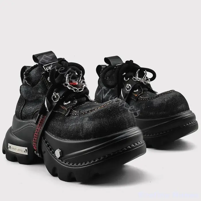 Evil Eye Punk Denim chaussures femmes décoration en métal bout rond plate-forme croix liée chaussure