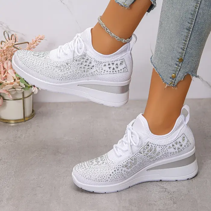 Baskets femme brillant strass coin respirant tricot antidérapant chaussures de marche femme grande t