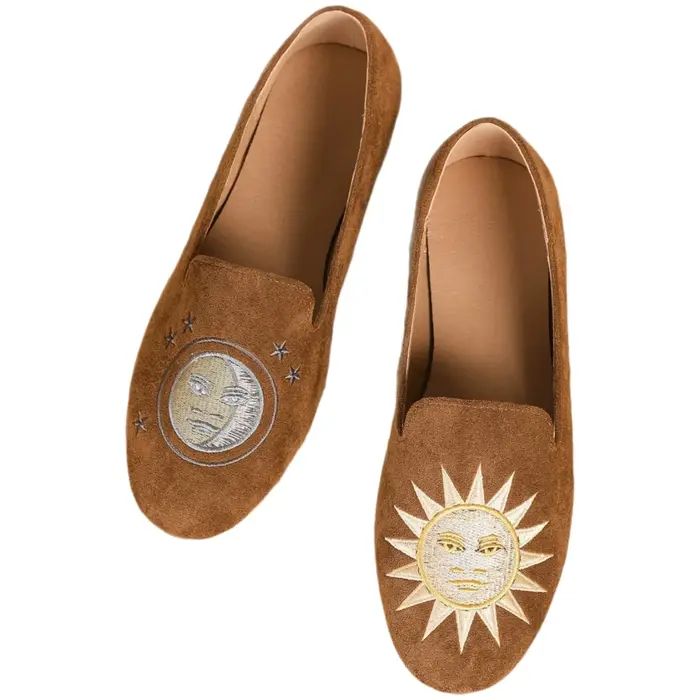 Chaussures plates brodées style londonien en cuir véritable à enfiler