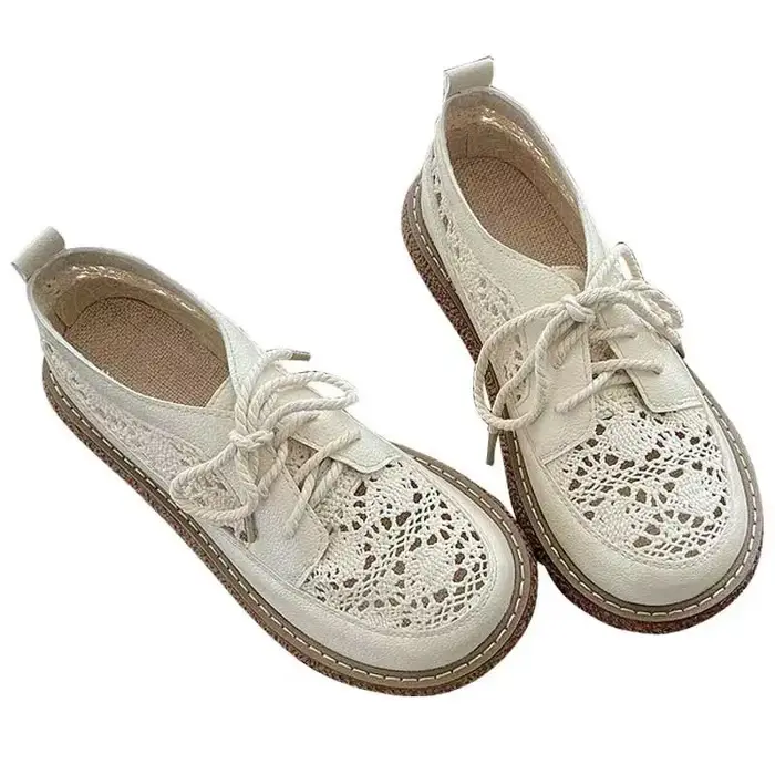 Beige été respirant style maille mocassins femme décontracté à lacets appartements 3 cm d'épaisseur bas découpes tricot chaussures rondes