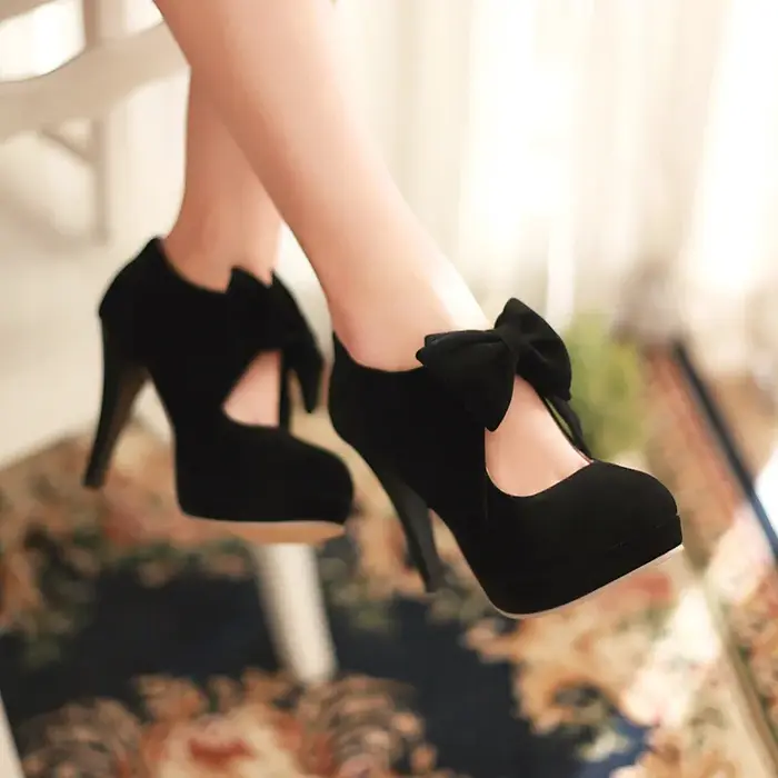 Rétro femmes talons hauts mode Lolita Bow chaussures décontractées exquise plate-forme en daim