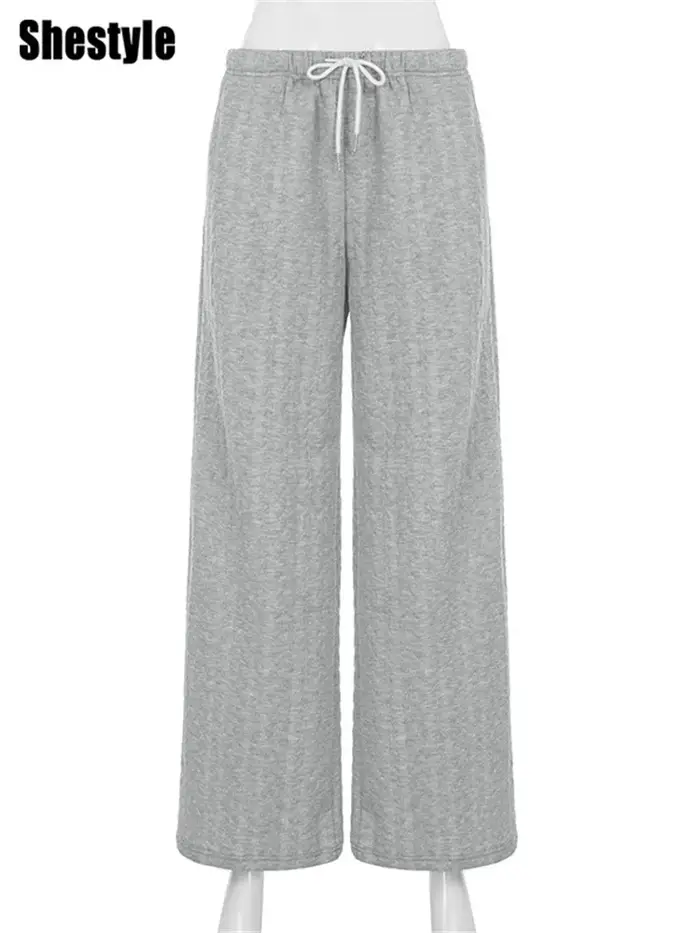Shestyle gris pantalons de survêtement automne pour les femmes Streetwear cordon Texture Staight décontracté ample minimaliste pantalon à jambes larges 2025