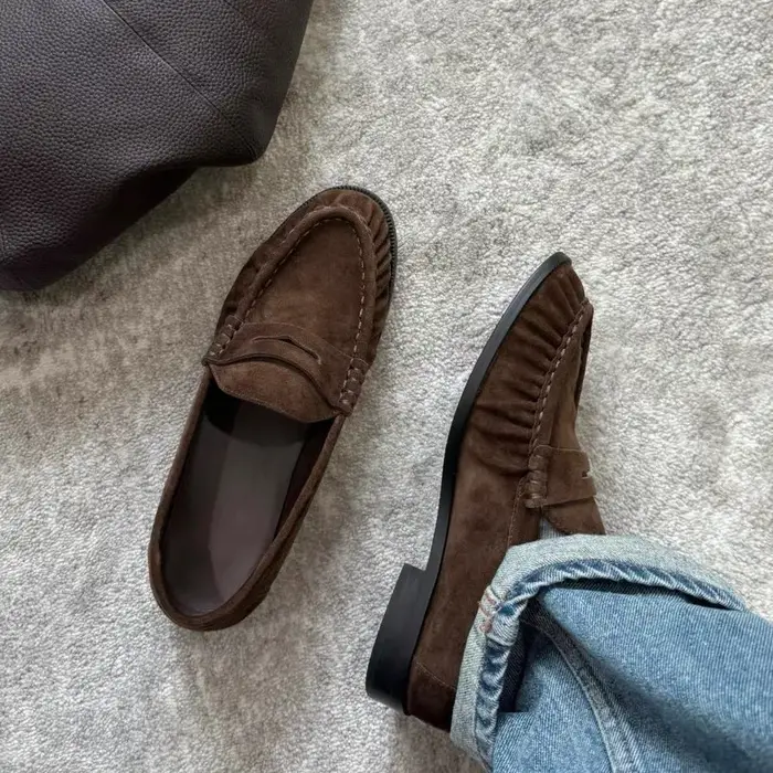 Mocassins plats pour femmes à bout rond style britannique, en daim, à talon bas, confortables, pour 