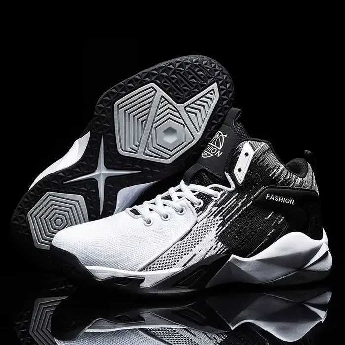 Chaussures de basket-ball montantes noires et blanches pour hommes - Baskets athlétiques en maille respirante
