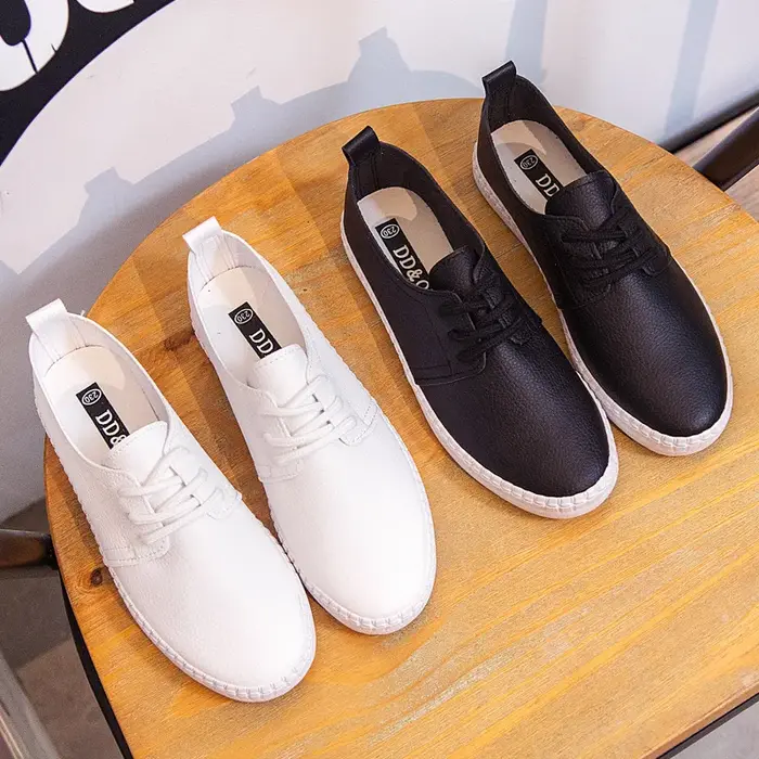 Femmes baskets blanches couleur unie Style de base tout Match dame chaussures talon plat en cuir souple à lacets bonne qualité filles chaussure noir