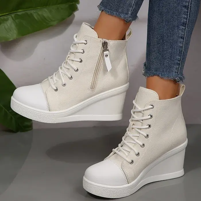 Mélange de couleurs blanc noir haut chaussures en toile compensées femme automne 2025 à lacets plate-forme baskets pour