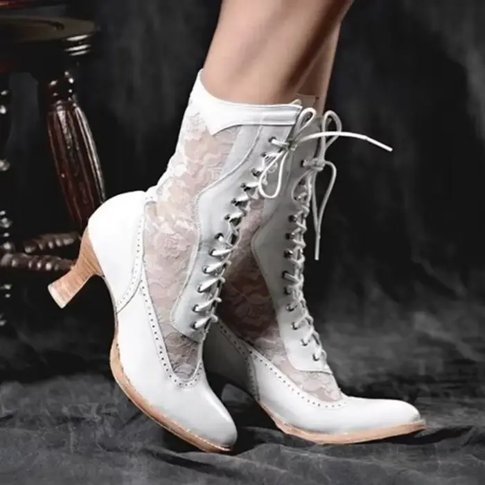Bottines Vintage pour femmes, bottes victoriennes à bout pointu, mi-mollet, élégantes, à lacets en P