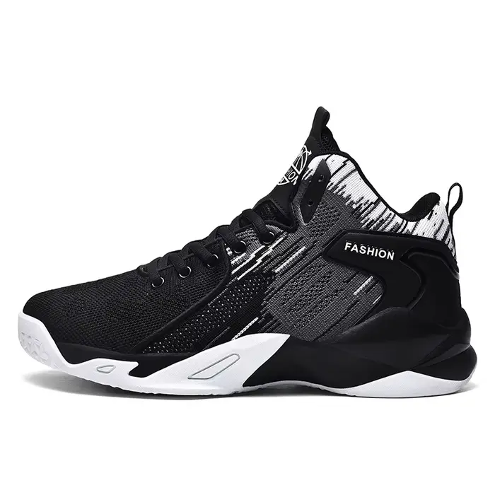 Chaussures de basket-ball montantes noires et blanches pour hommes - Baskets athlétiques en maille respirante