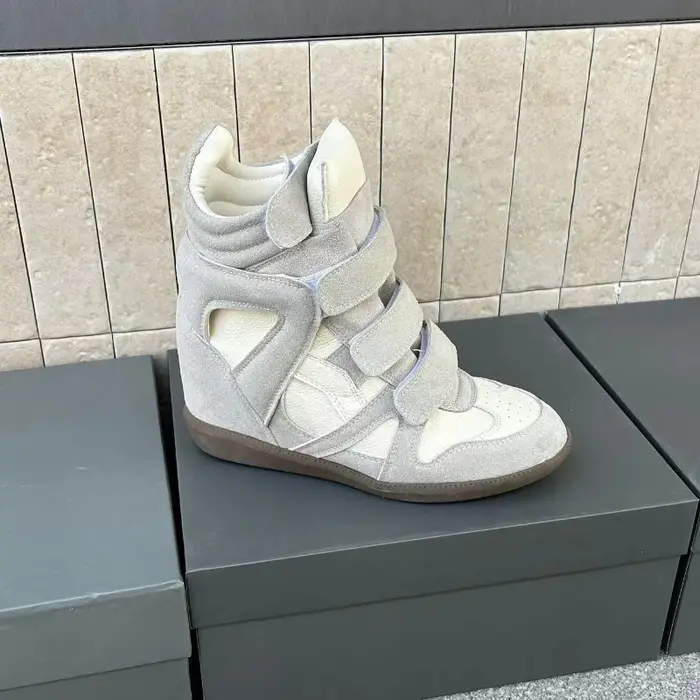 Baskets compensées tendance en cuir véritable pour femme, à semelle épaisse, style bottines, avec re