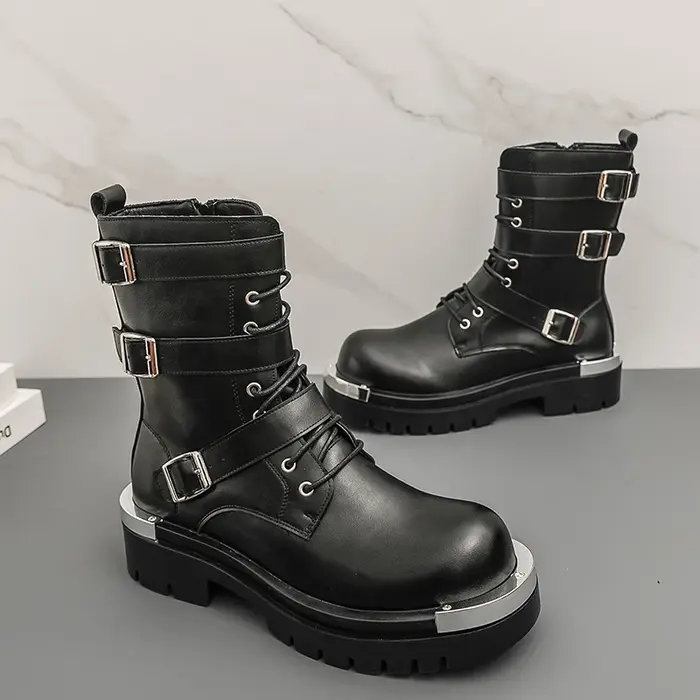 Style Punk hommes bottes mode boucle de ceinture conception mi-mollet botte haute qualité en cuir