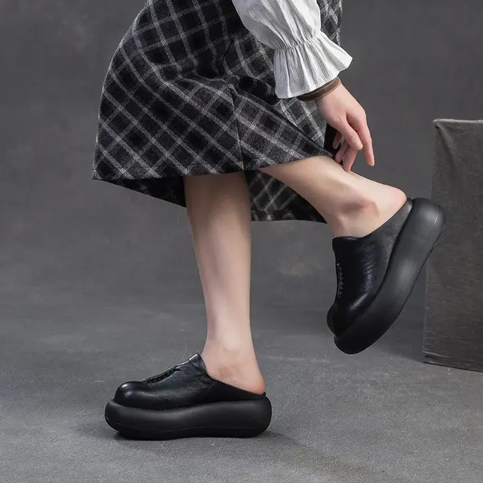 GKTINOO 2026 Nouvelles sandales d'été à semelle épaisse en cuir véritable à bout rond polyvalentes pour femmes