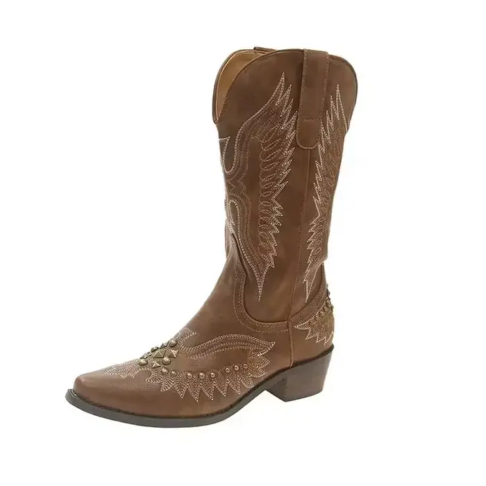 Bottes de cowboy occidentales cloutées pour femmes, bottes de chevalier mi-mollet, chaussures Parker