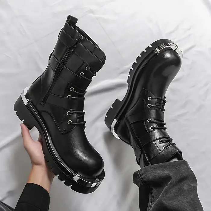 Style Punk hommes bottes mode boucle de ceinture conception mi-mollet botte haute qualité en cuir