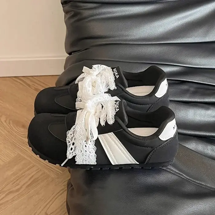 Baskets de style ballet pour femmes – Chaussures plates décontractées à nœud en dentelle