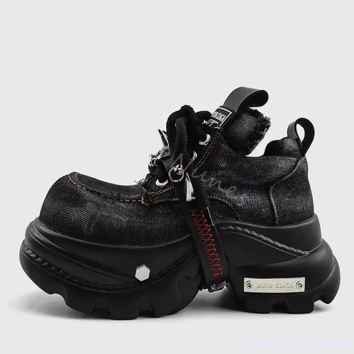 Evil Eye Punk Denim chaussures femmes décoration en métal bout rond plate-forme croix liée chaussure