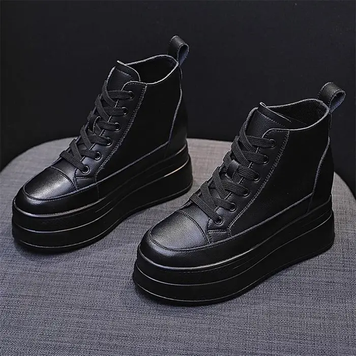 Femmes baskets hautes plate-forme respirant en cuir véritable chaussures printemps dame