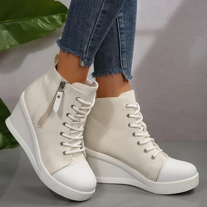 Noir haut toile baskets chaussures pour femmes classique plate-forme talon compensé