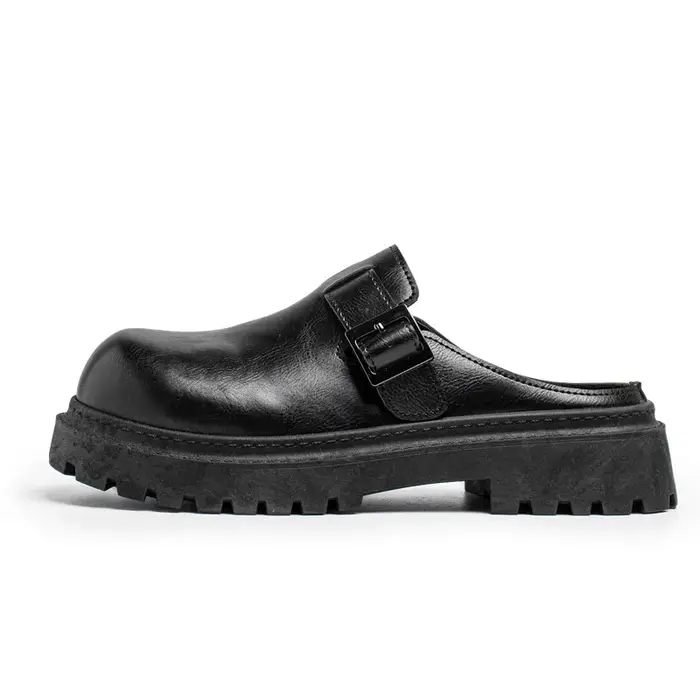Mules à fond épais pour hommes, demi-chaussures à plateforme en cuir, chaussures décontractées semi-