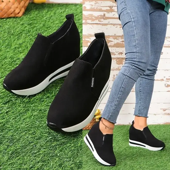 Femmes noires chaussures décontractées plate-forme compensée femmes mode baskets femmes chaussures d'été sans lacet mocassins vulcaniser chaussures