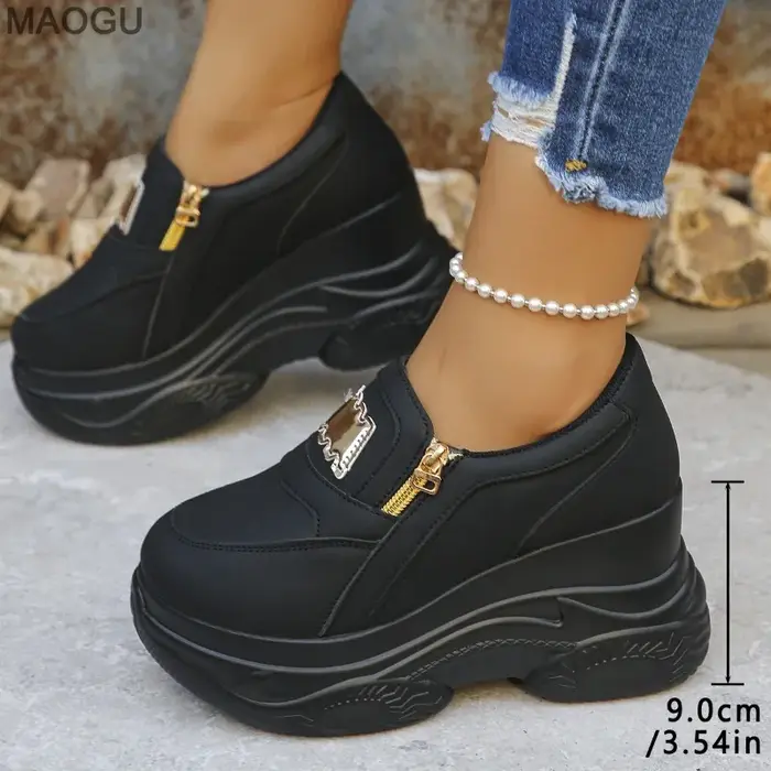 Chaussures à plateforme à semelle épaisse pour femmes, baskets épaisses, décontractées, noires, tail
