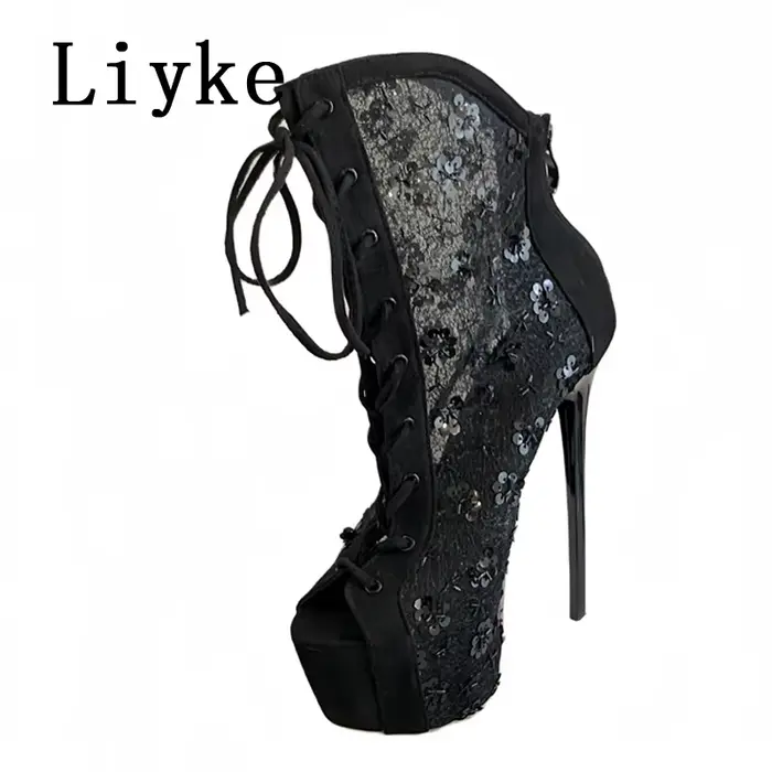 Liyke Sexy Peep Toe à lacets talons hauts plate-forme bottes pour femmes paillettes maille cheville 