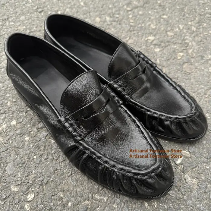 Mocassins au Design plissé rétro en cuir noir