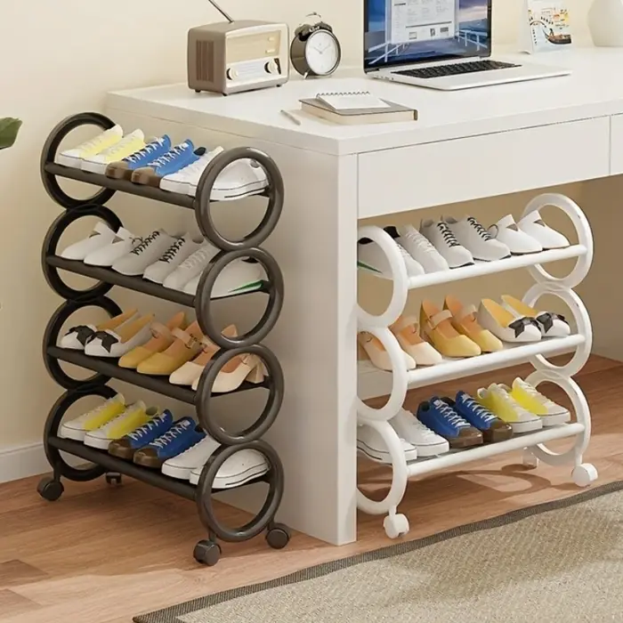 Étagère à chaussures rotative à 3/4 niveaux avec 360 ° Roues pivotantes et poignée annulaire mignonne – Organisateur