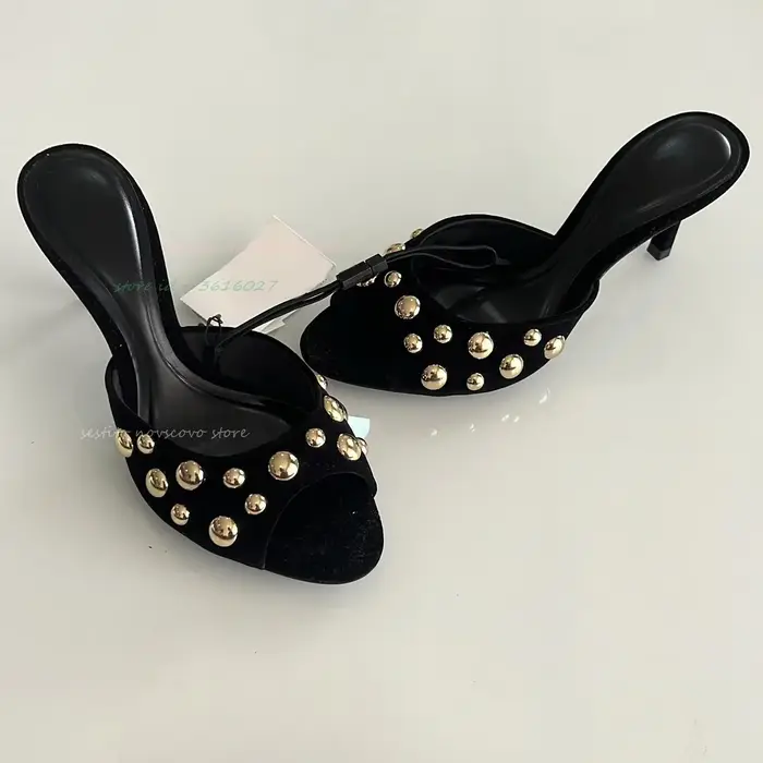Mules cloutées à bout ouvert, Stiletto à enfiler, Rivets dorés, décor classique et Sexy pour femmes,