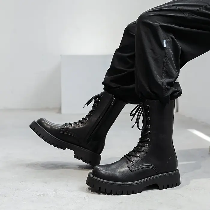 Homme En Cuir Véritable Bottes De Moto Mode Fête Robe de Nuit Noir Chaussures montantes Bottes de Co