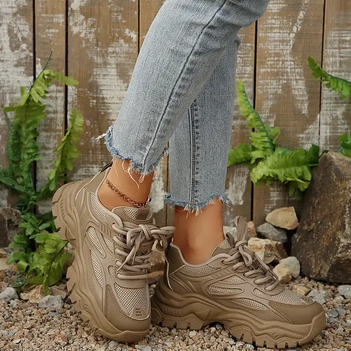 Baskets rétro kaki à plateforme épaisse pour femmes