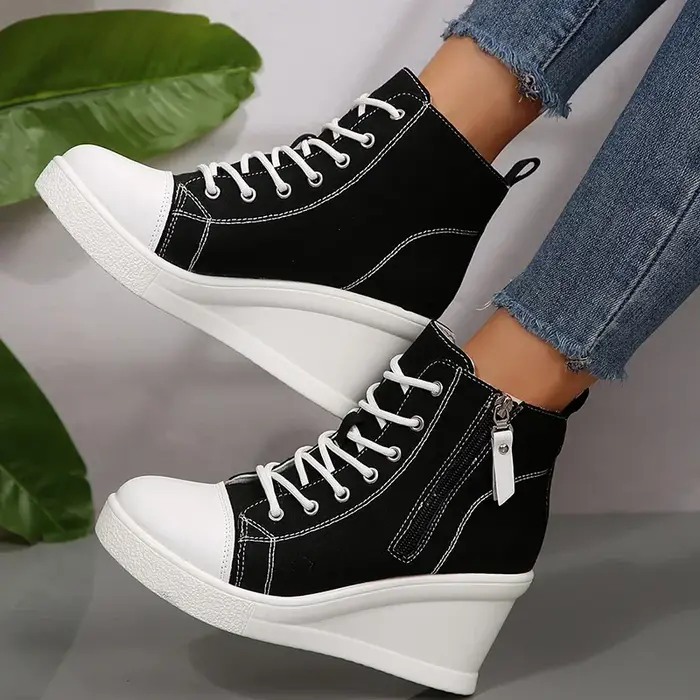 Mélange de couleurs blanc noir haut chaussures en toile compensées femme automne 2025 à lacets plate-forme baskets pour