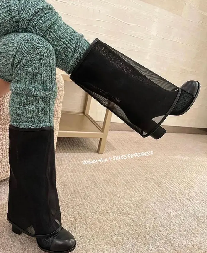 Bottes en Maille à Manches Rabattables pour Femme, Chaussures à Talon Creux, Noir, Rond, Essence, Él